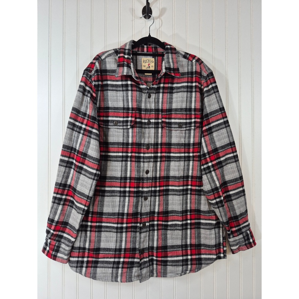 RedHead Mens Large Tall LT Red Gray Plaid Thick Heavy Flannel Button Down Shirt